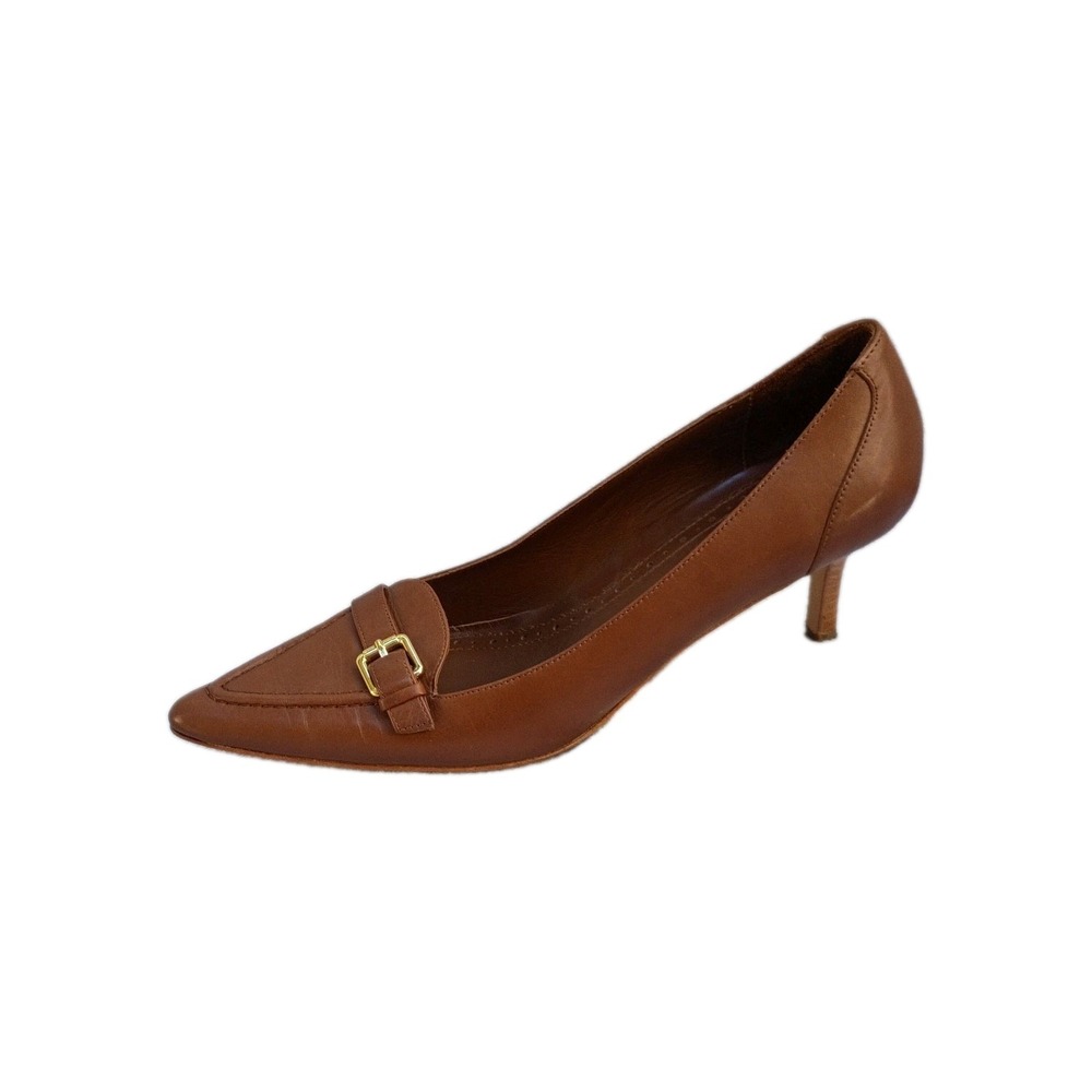 BROOKS BROTHERS Brown Leather Buckle Pointed Toe Kitten Heel Pumps Sz 7 preppy